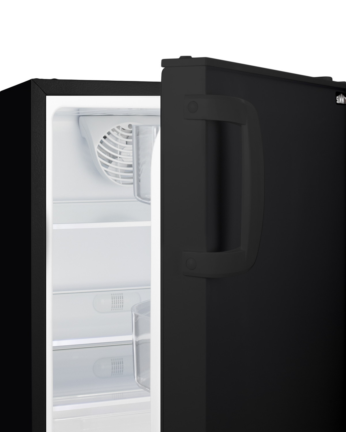 Built-in undercounter ADA compliant residential all-refrigerator in black with door storage and automatic defrost operation